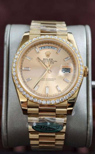 DayDate 228238 40mm YG RCF champagne Baguette dial SH3255 Weighted + moissanite bezel
